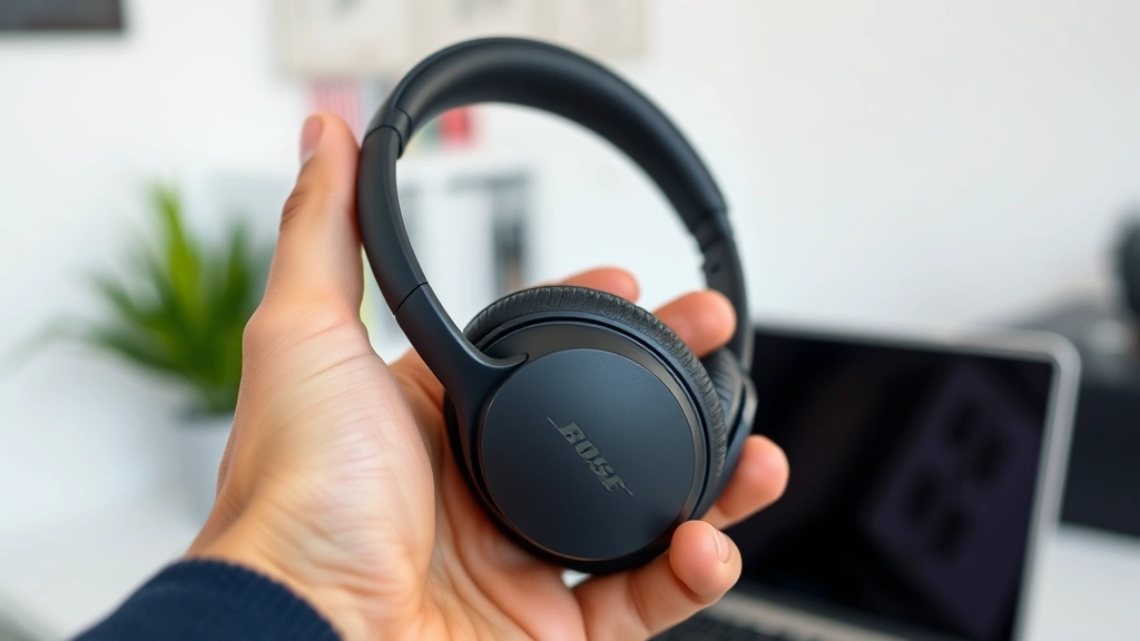 how to pair bose headphones - Close-up of a person's hand holding premium Bose over-ear headphones in matte bl