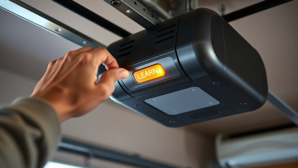 how to program a garage door opener - Close-up view of a homeowner's hand pressing the yellow Learn button on a modern