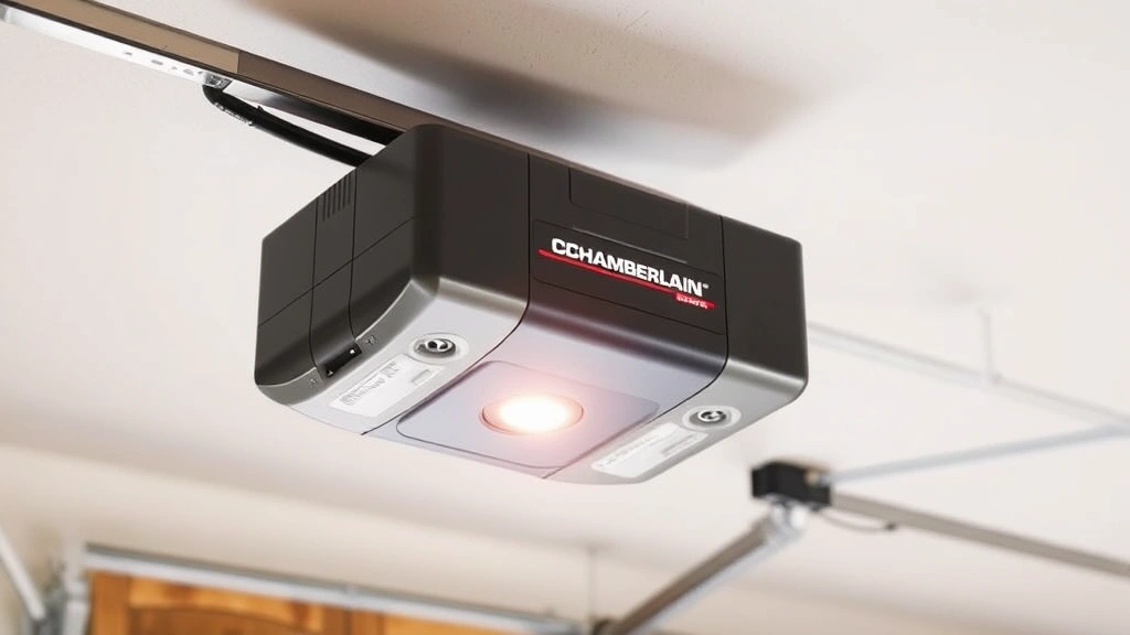 how to program chamberlain garage door opener - A Chamberlain garage door opener motor unit mounted on a garage ceiling, showing