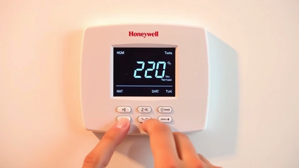 how to program honeywell thermostat - Close-up of a Honeywell digital thermostat mounted on a white wall, showing the