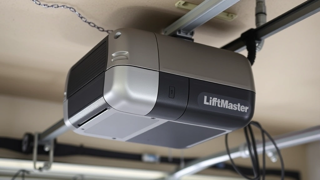 how to program liftmaster garage door opener - Close-up of a LiftMaster garage door motor unit mounted on garage ceiling