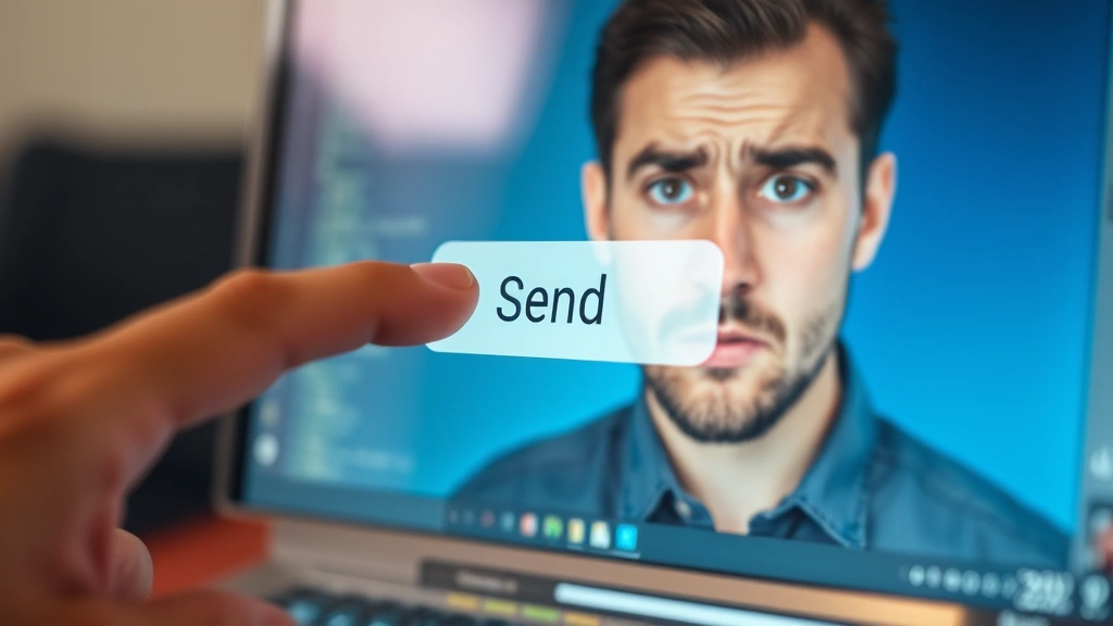 how to recall an email -
finger hovering over the send button with a concerned expression visible in the