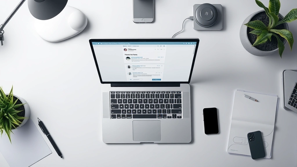 how to recall an email -
Photorealistic overhead shot of a desk workspace with an open laptop showing an