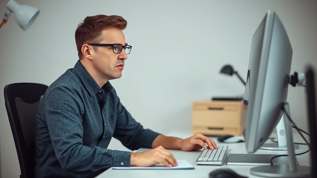 how to recall outlook email - A person sitting at a desk looking at a computer screen with a concerned express