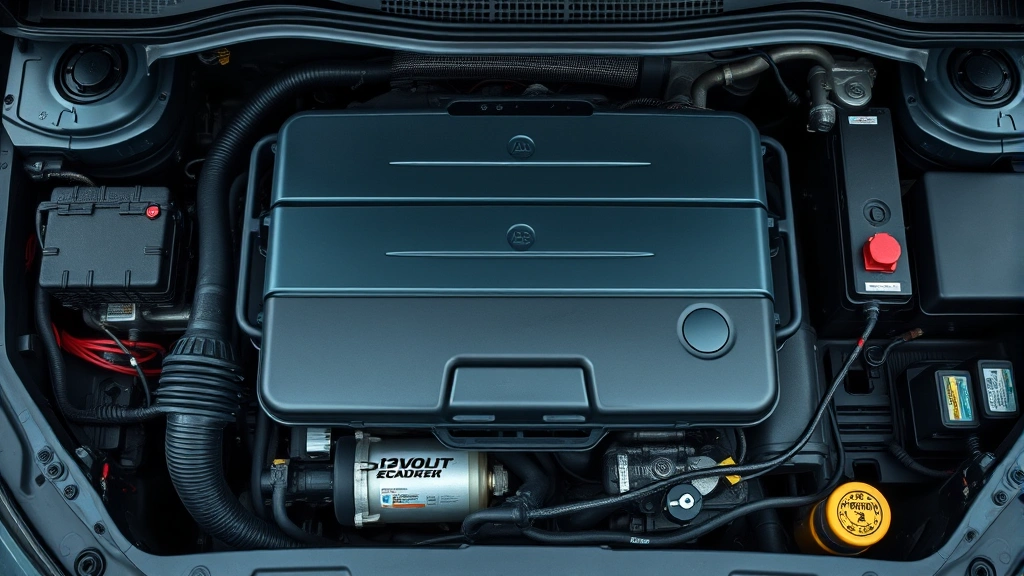 how to remove a car battery - Photorealistic overhead view of a car engine bay with a 12-volt lead-acid batter