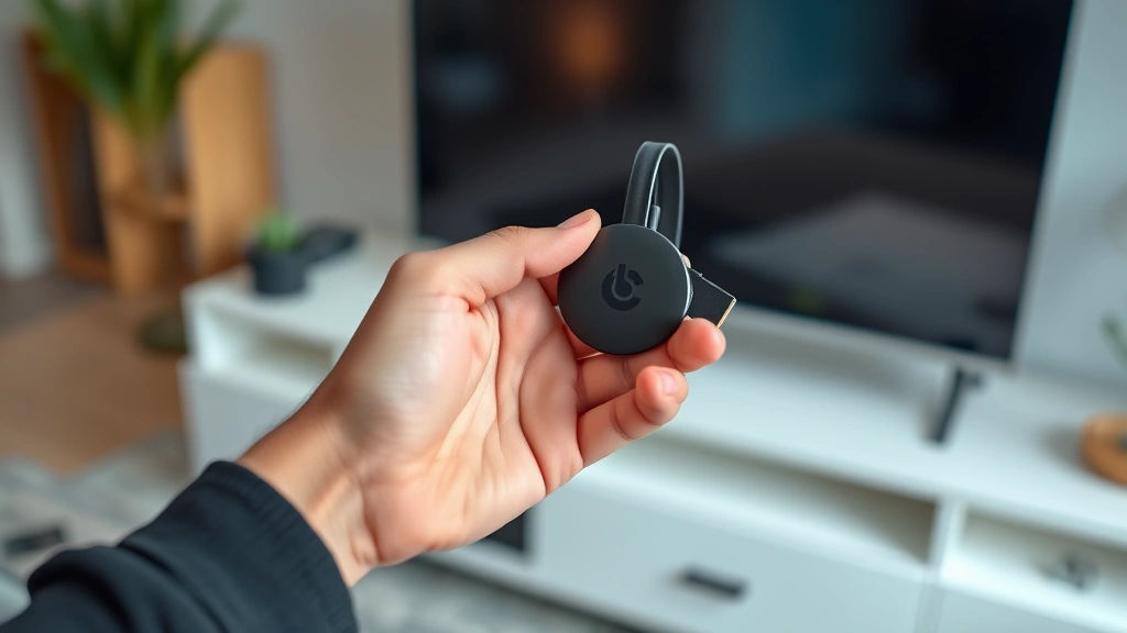 how to reset chromecast - Close-up of a hand holding a small Chromecast device with HDMI cable attached, a