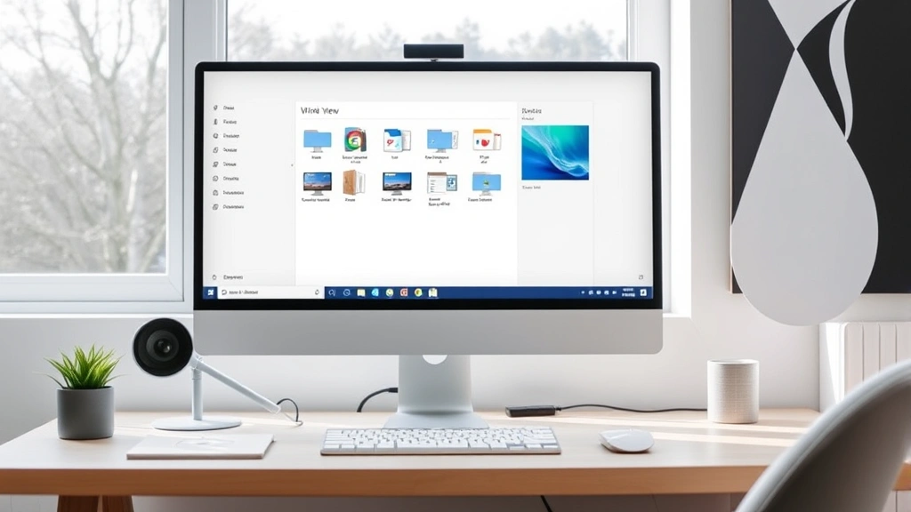 how to switch desktops - A clean modern computer desk setup with a monitor showing Windows Task View with