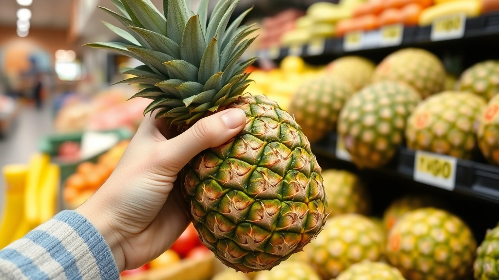 how to tell if pineapple is ripe - A hand gently squeezing a whole pineapple in a grocery store produce section, sh