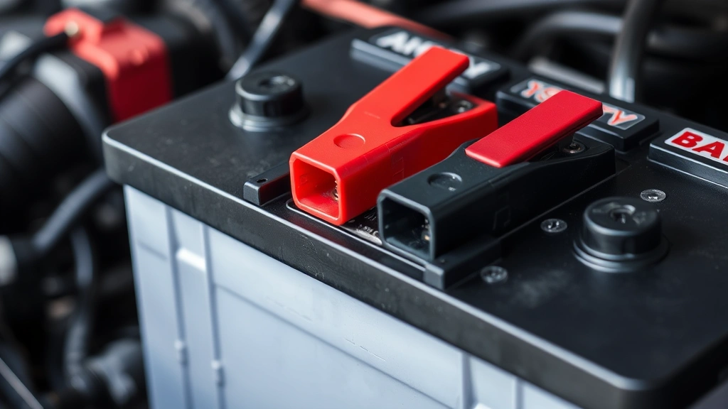 how to test a car battery - Close-up of a car battery with red and black terminal clamps visible