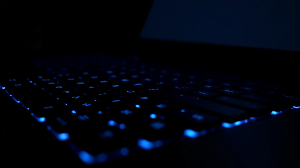 how to turn on light on laptop keyboard - Close-up of a modern laptop keyboard with subtle blue LED backlighting illuminat