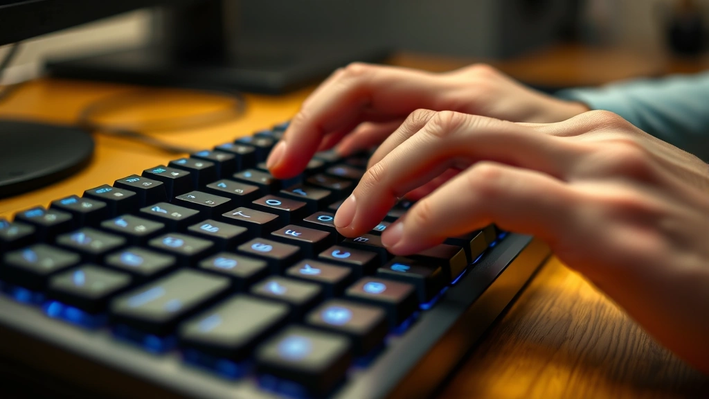 how to unlock keyboard - Close-up of a person's hands typing on a black mechanical keyboard with blue swi