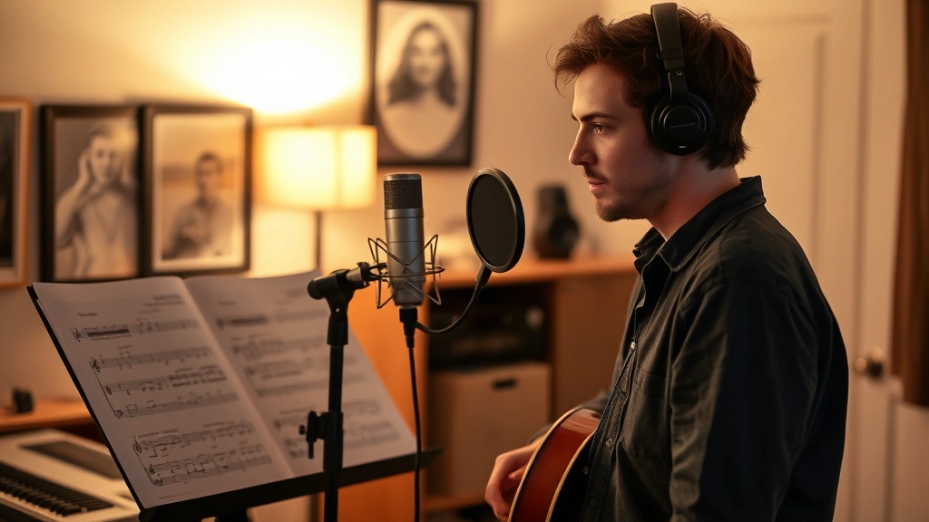 words to how far i'll go - A person standing in front of a microphone in a home studio setup, looking at sh