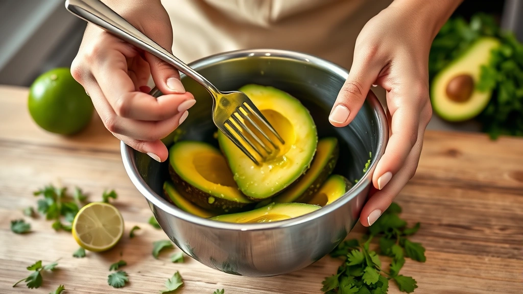 4 ingredient guacamole recipe -
Photorealistic hands using a fork to mash ripe avocado halves in a stainless st