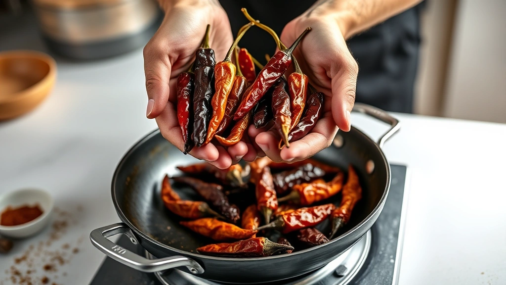 adobo sauce recipe -
Photorealistic hands holding dried ancho and chipotle chiles over a dry skillet