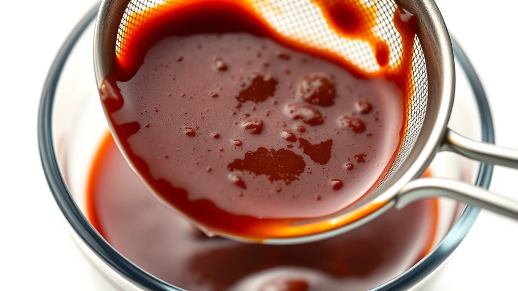 adobo sauce recipe -
Photorealistic close-up macro shot of blended adobo sauce being strained throug
