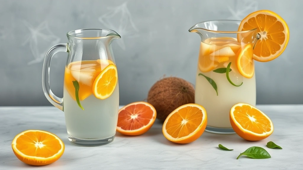 adrenal cocktail recipe -
fresh orange slices and coconut water pitcher beside it