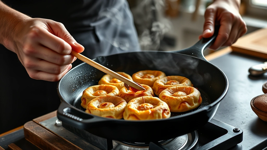 aebleskiver recipe -
Photorealistic hands using wooden skewer to flip aebleskiver in cast iron pan, 
