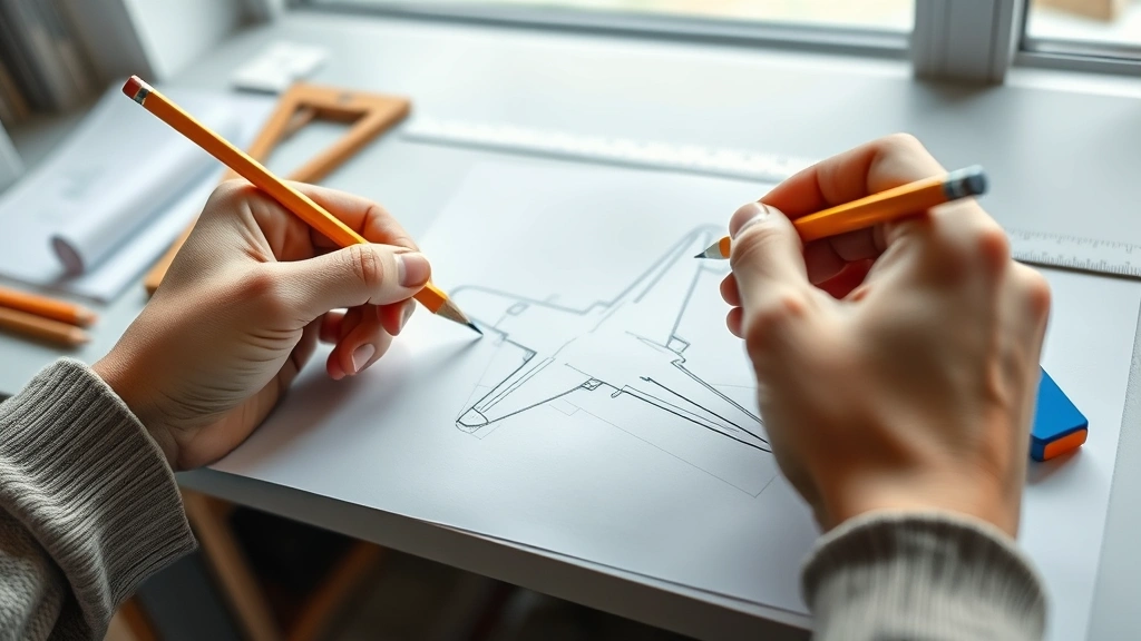 aeroplane how to draw -
Photorealistic hands holding HB pencil sketching airplane fuselage outline on w