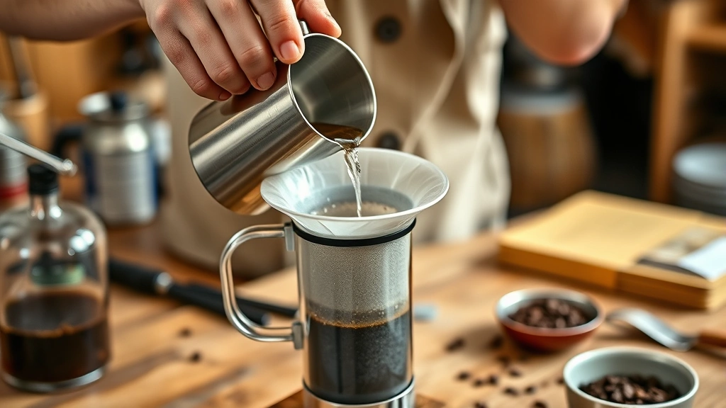 aeropress recipe -
Photorealistic hands pouring hot water into an AeroPress chamber during brewing