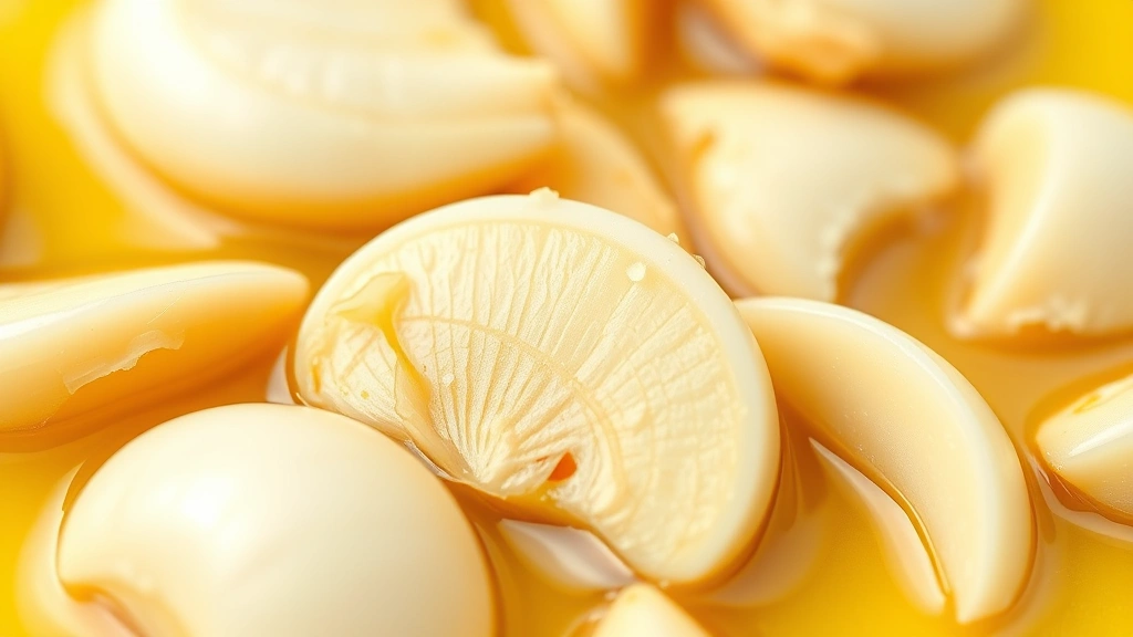 aglio olio recipe -
Photorealistic close-up macro shot of sliced garlic cloves in golden olive oil,