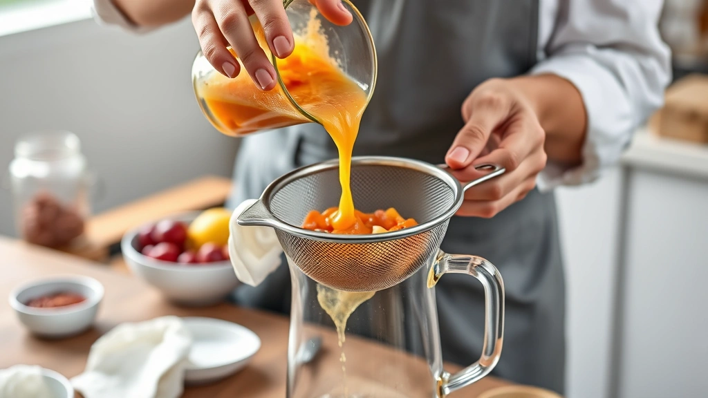 agua fresca recipe -
photorealistic hands working, pouring blended fruit mixture through fine-mesh s