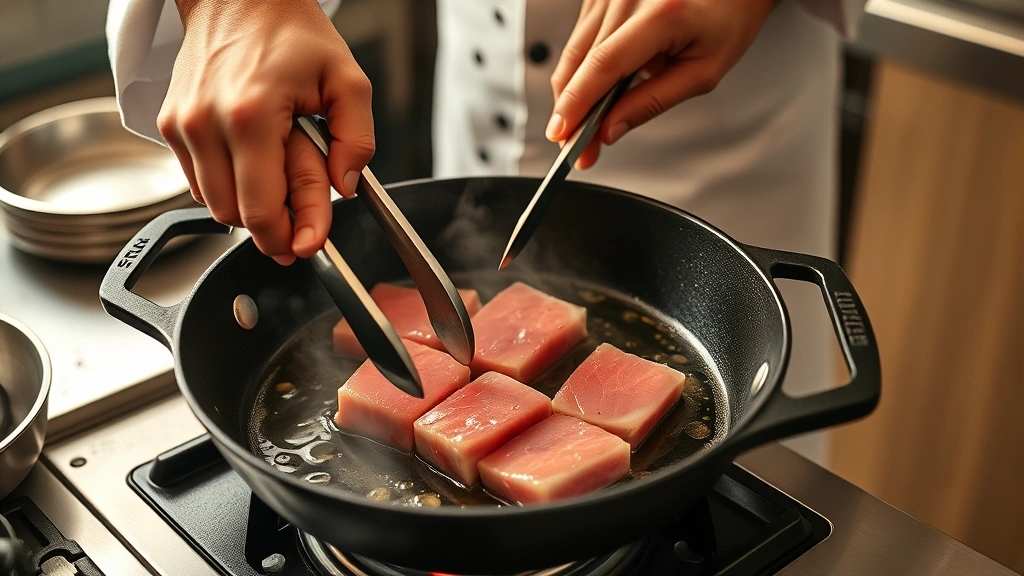ahi tuna recipe -
Photorealistic hands working in professional kitchen, chef searing ahi tuna in