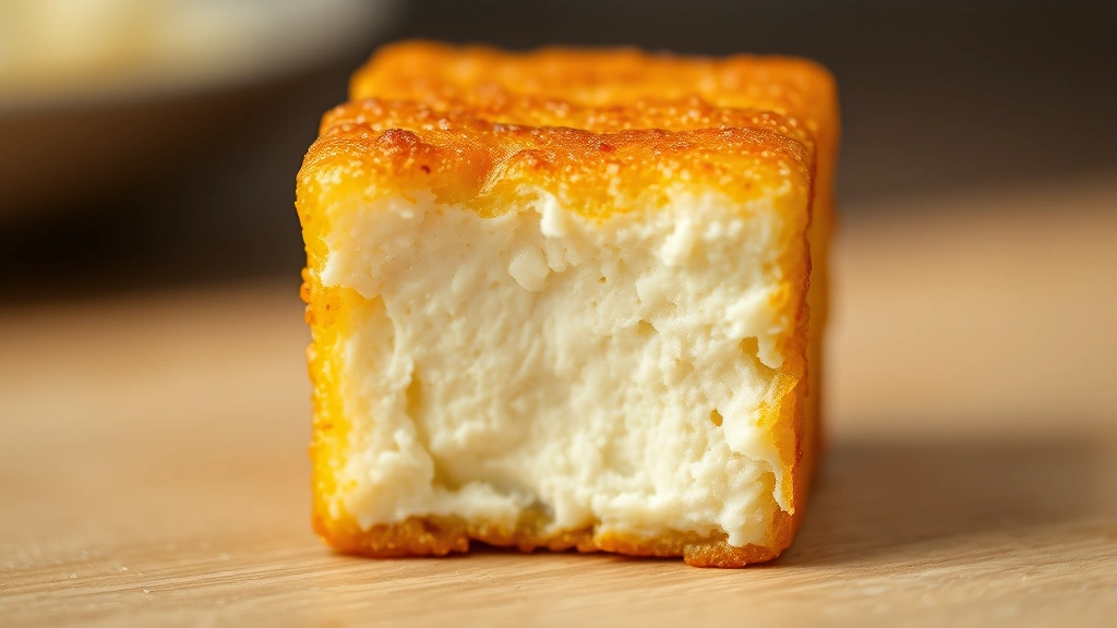air fried tofu recipe -
photorealistic close-up macro shot of single air fried tofu cube showing crispy