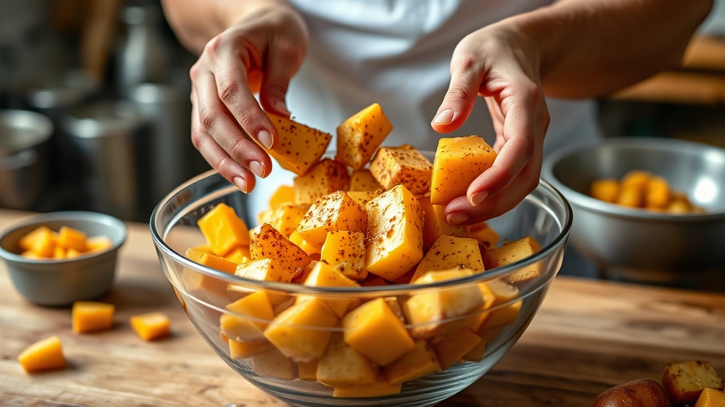 air fryer sweet potato recipe -
photorealistic hands tossing seasoned sweet potato pieces in a mixing bowl, wor