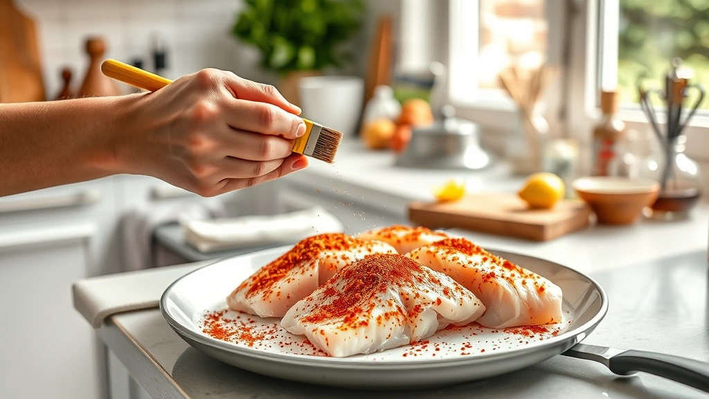 air fryer tilapia recipe -
Photorealistic hands seasoning raw tilapia fillets with paprika and garlic powd