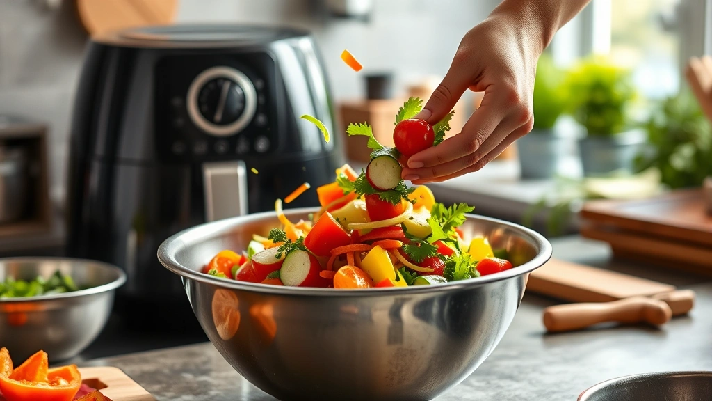 air fryer vegetable recipes -
Photorealistic hands tossing fresh vegetables with olive oil in a stainless ste