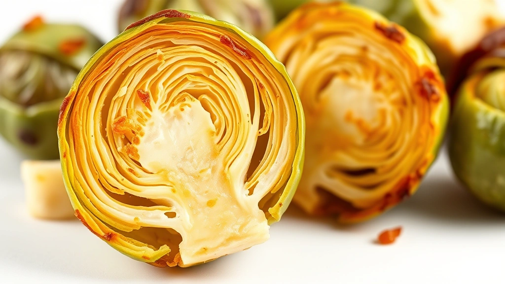 air fryer vegetable recipes -
Photorealistic close-up macro photography of golden crispy Brussels sprout cut