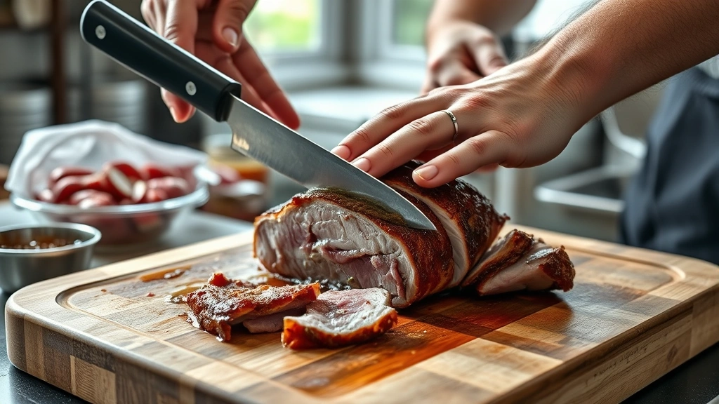 al pastor recipe -
Photorealistic hands slicing marinated pork shoulder with sharp chef’s kn