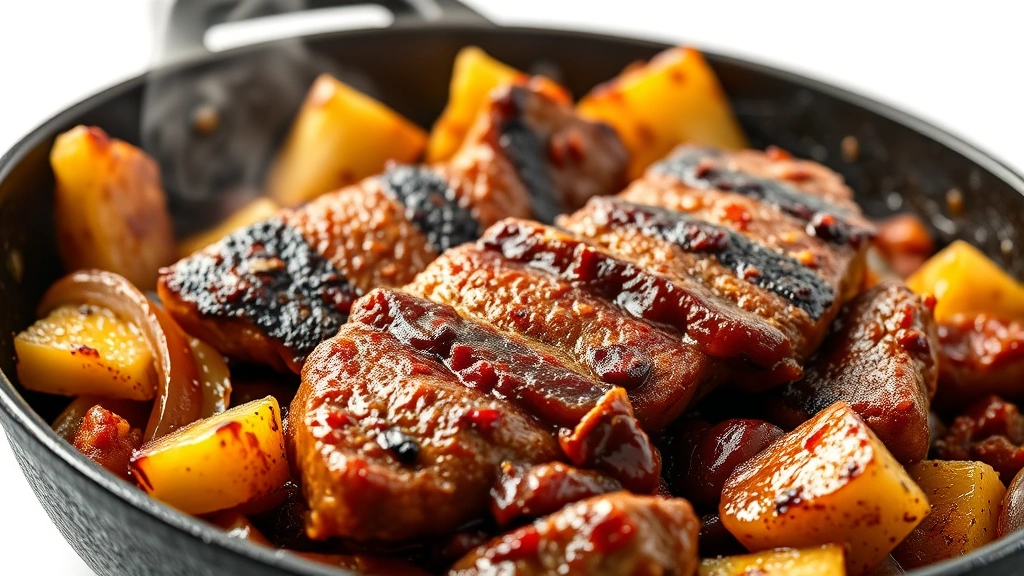 al pastor recipe -
Photorealistic close-up of sizzling al pastor meat in cast iron skillet with cr