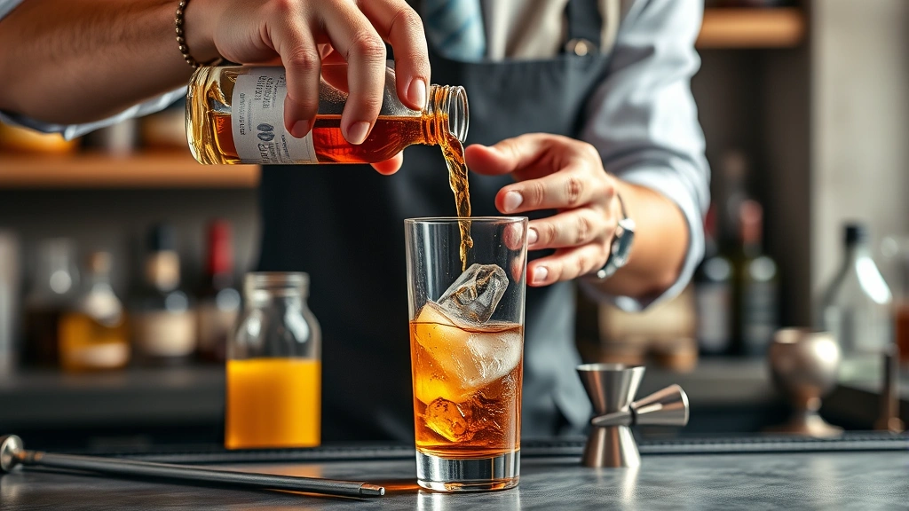 alabama slammer recipe -
photorealistic hands pouring spirits into a cocktail shaker, workshop bar setti