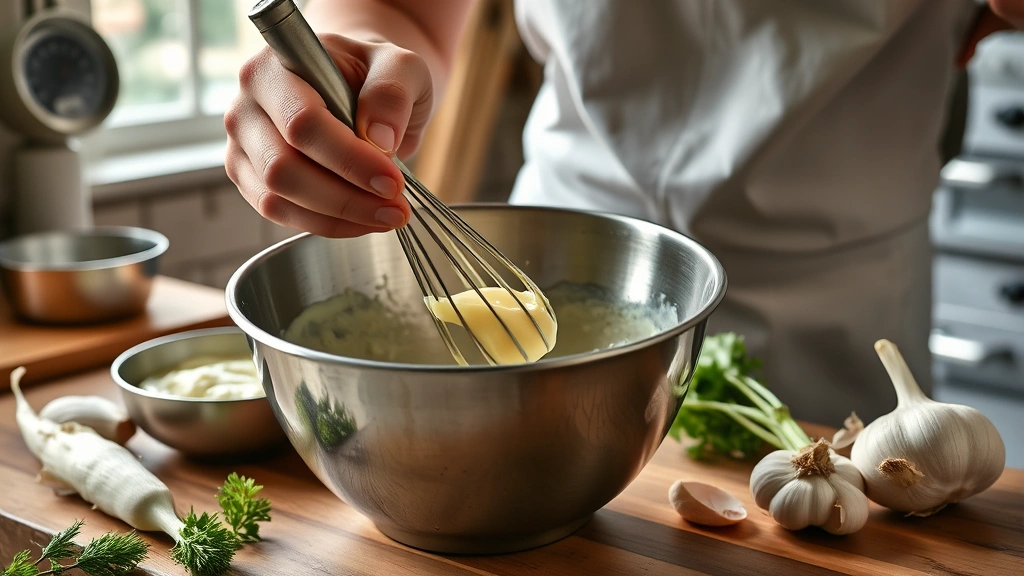 alabama white sauce recipe -
Photorealistic hands whisking mayonnaise and vinegar in a stainless steel mixin