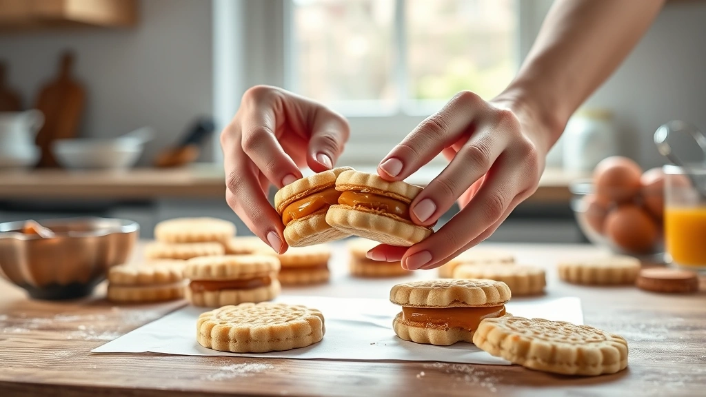 alfajores recipe -
Photorealistic hands assembling alfajores cookies in a bright kitchen, showing