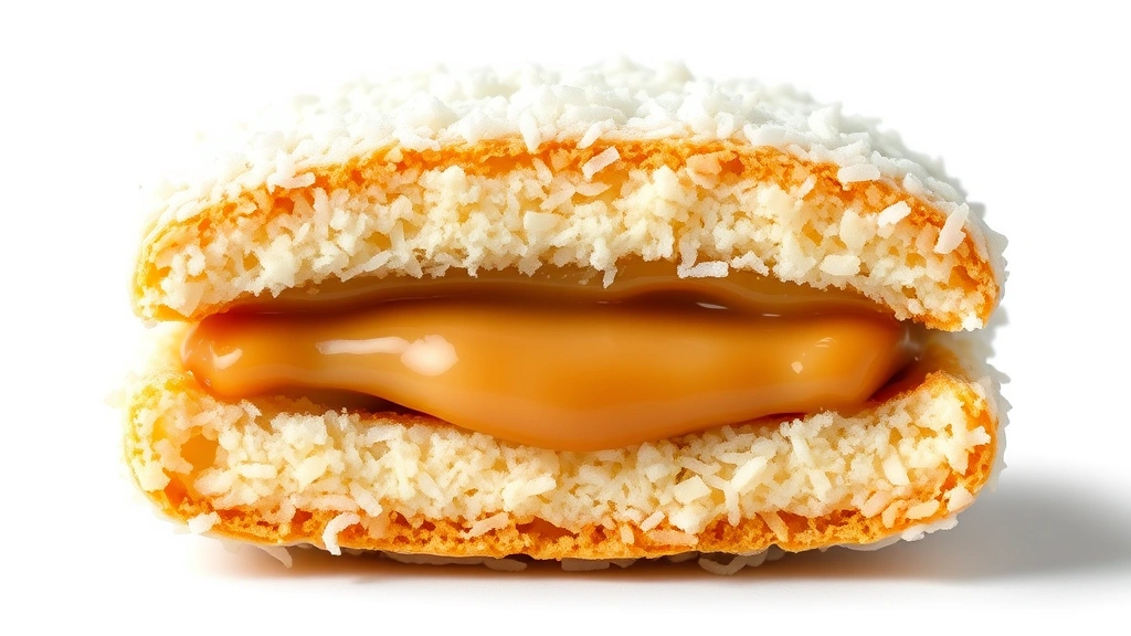 alfajores recipe -
Photorealistic close-up macro photograph of alfajores cross-section showing the