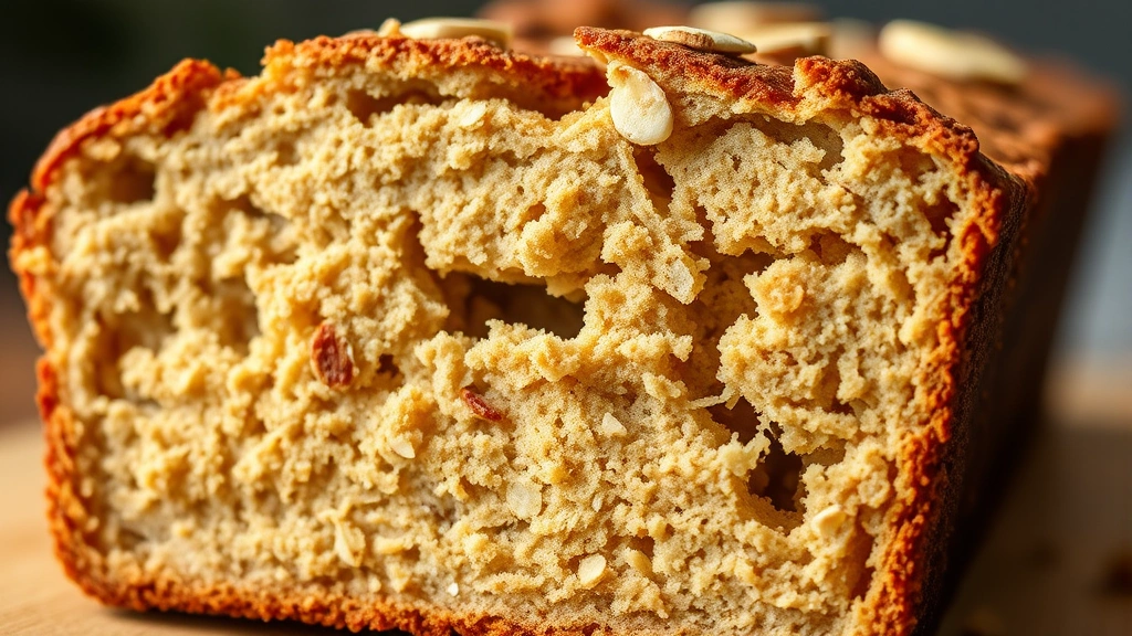 almond flour banana bread recipe -
Photorealistic macro close-up of a cross-section of baked almond flour banana b