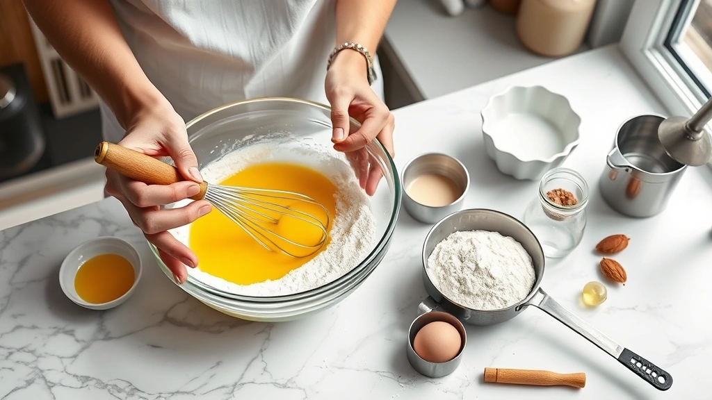 almond flour bread recipe -
Photorealistic hands whisking eggs in glass bowl, almond flour in separate bowl