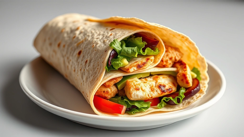 almond flour tortilla recipe -
Photorealistic finished almond flour tortilla rolled up with colorful fillings 