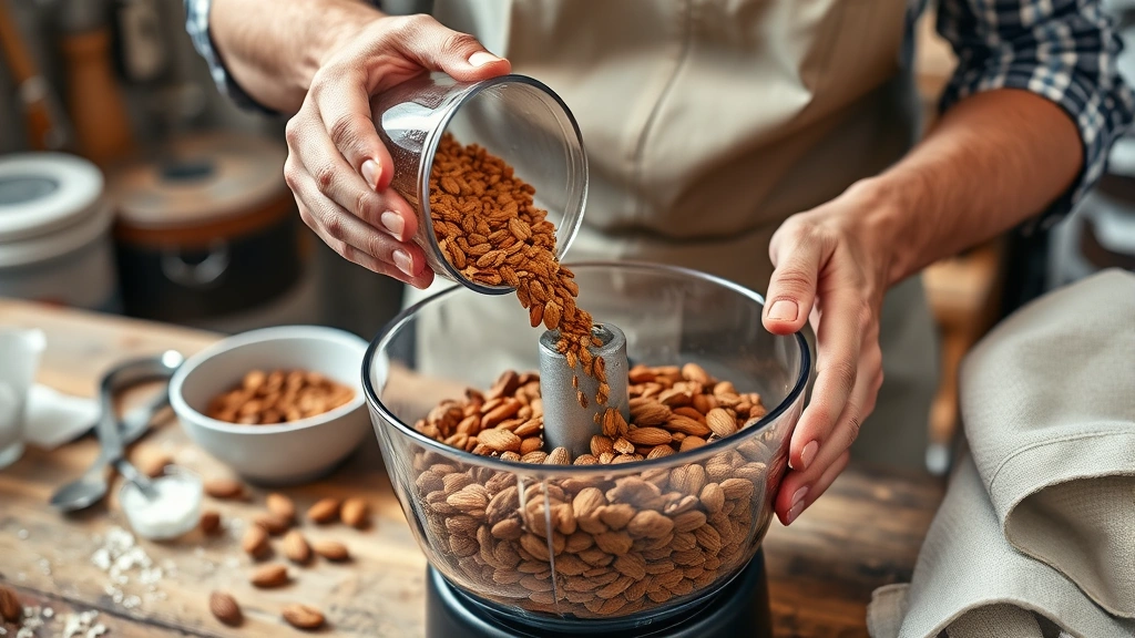almond paste recipe -
photorealistic hands working in a workshop setting, person pouring raw almonds