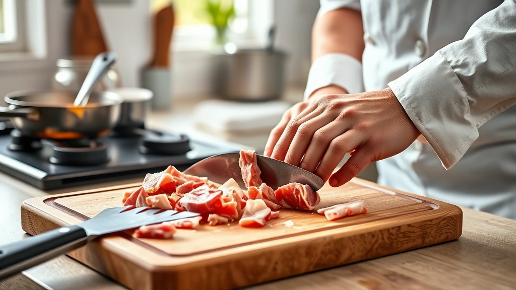 amatriciana recipe -
Photorealistic hands dicing guanciale meat on wooden cutting board with chef&#8