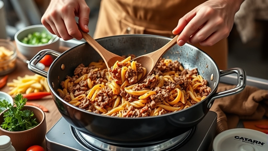 american chop suey recipe -
Photorealistic hands actively cooking American chop suey in a large skillet, st