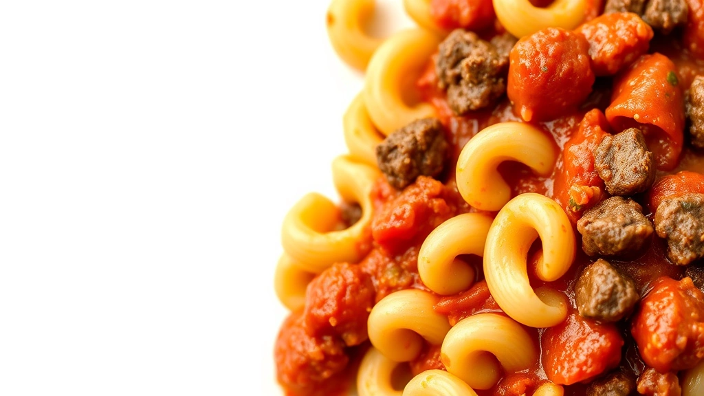 american chop suey recipe -
Photorealistic close-up macro photography of cooked elbow pasta coated in rich 