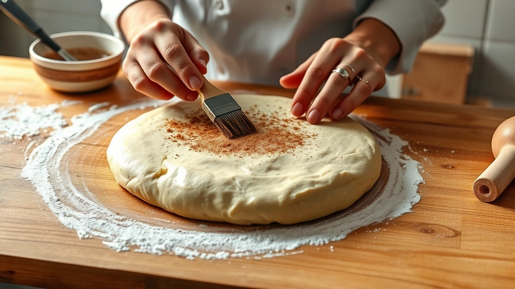 amish cinnamon bread recipe -
Photorealistic hands rolling cinnamon bread dough on floured wooden work surfac