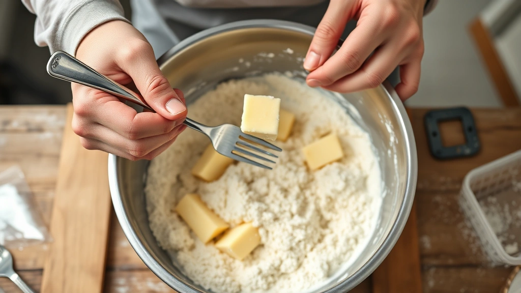 apple bars recipe -
Photorealistic hands using a fork to cut cold butter into flour mixture for cru