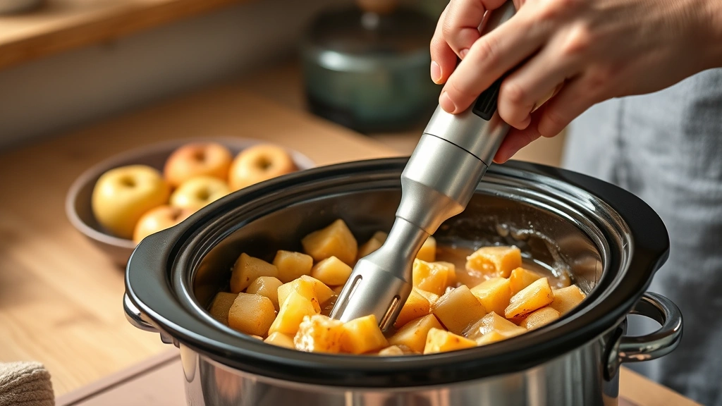 apple butter recipe crockpot -
Photorealistic hands using immersion blender in crockpot filled with cooked app