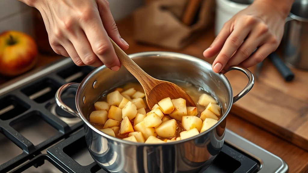 apple compote recipe -
photorealistic hands stirring apple compote in stainless steel saucepan on stov