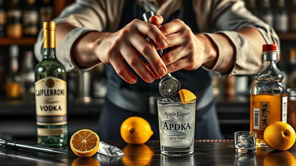 appletini recipe -
photorealistic hands shaking a cocktail shaker vigorously over a bar counter wi