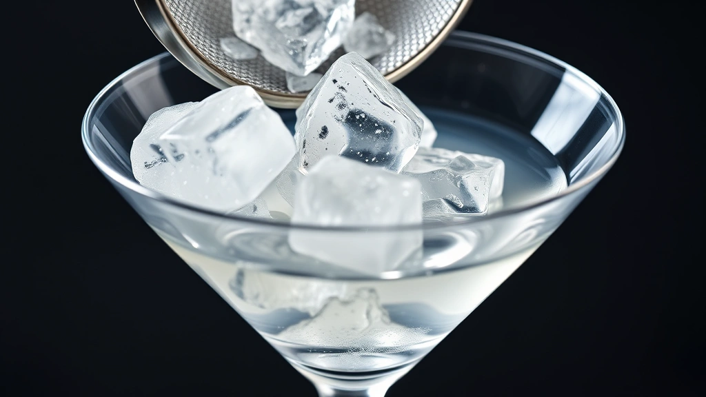 appletini recipe -
photorealistic close-up macro photography of ice cubes and liquid being straine